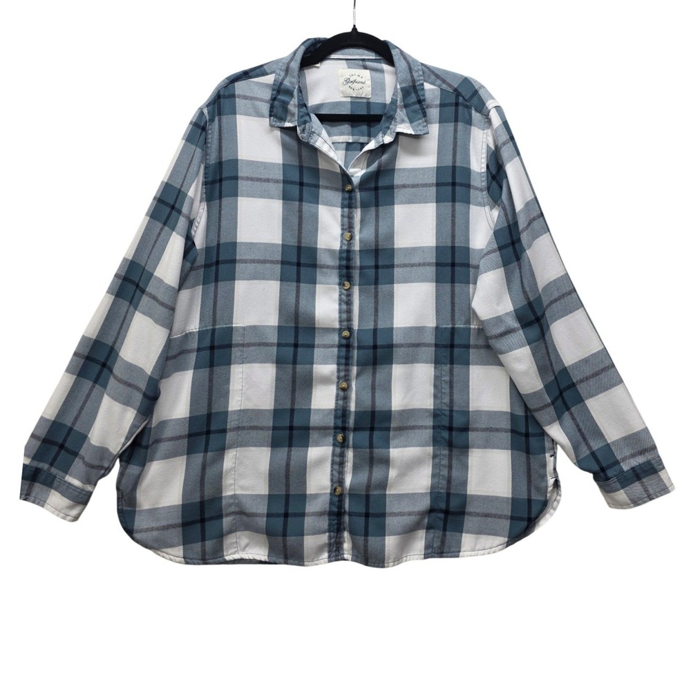 Jachs Girlfriend Womens XXL Blue White Plaid‎ Button Down Shirt Side Pockets